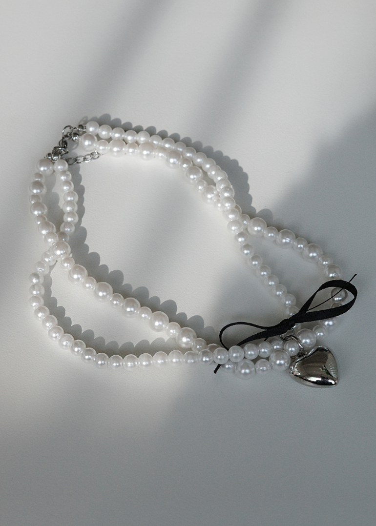pearl heart necklace [진주 하트 리본 목걸이]